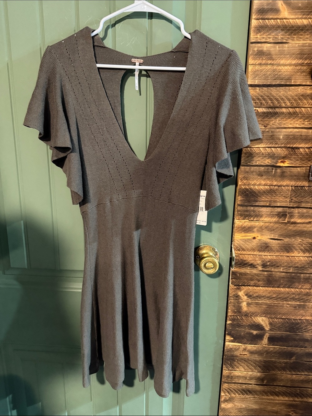 Free People Gray Knit V-Neck Fit & Flare Mini Dress